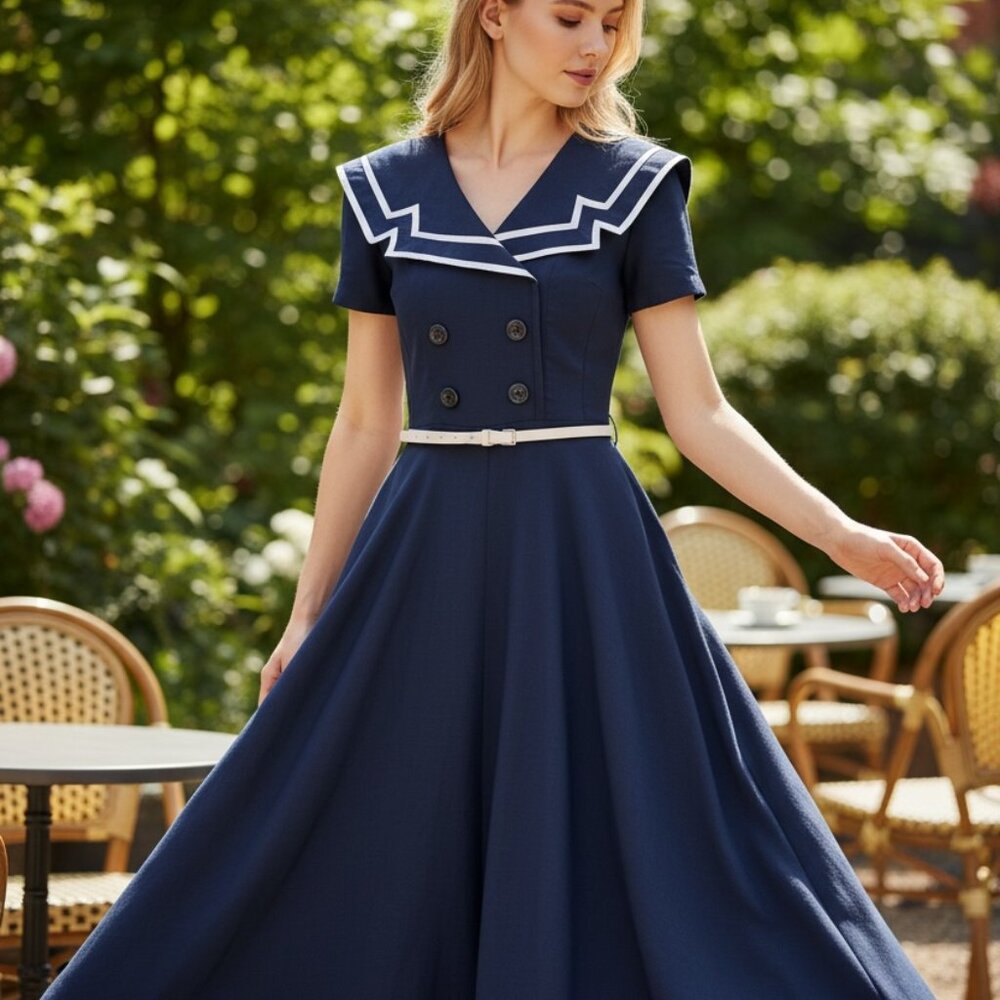 Bettie Page Carpin Circle Dress Navy White Nautical 50s Retro NWT Size XL - Picture 2 of 8